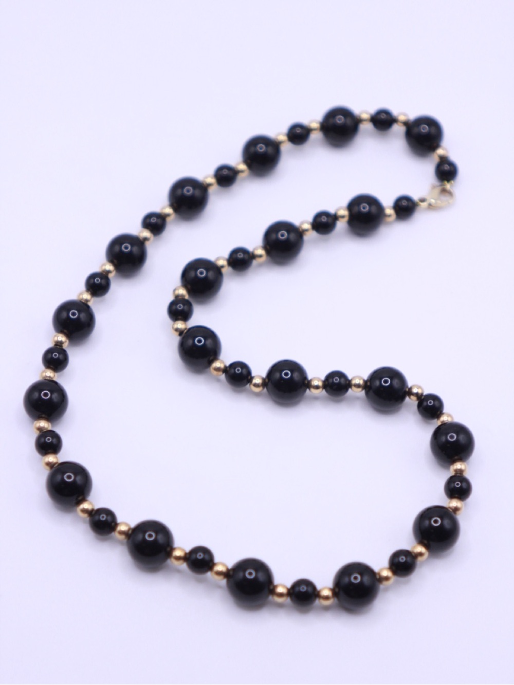 Real 14K Yellow Gold Black Onyx Bead Necklace 18" 6mm-10mm Genuine